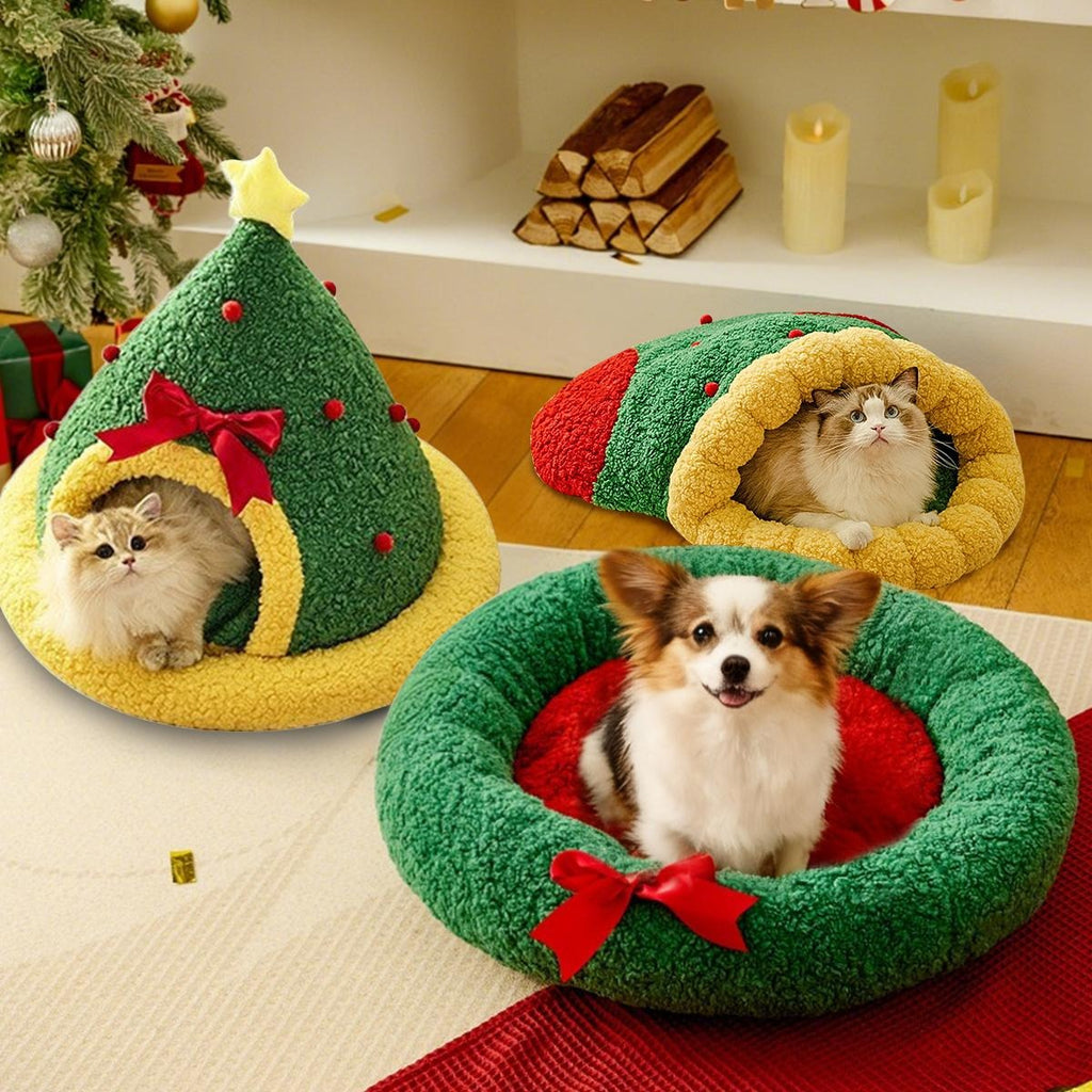 Christmas Cat Dog Beds Nest Mats, Warm Winter Pet Beds House, Gifts,Cute Cave Design