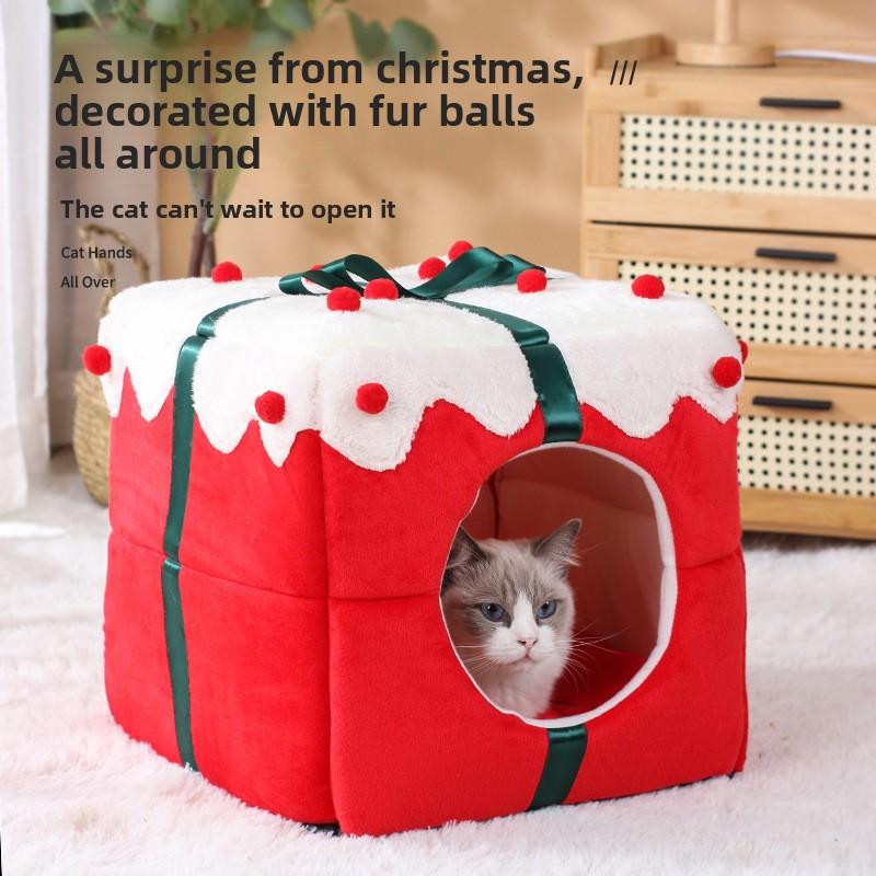 Christmas Cat Bed, Gift Box Shape, Warm and comfy