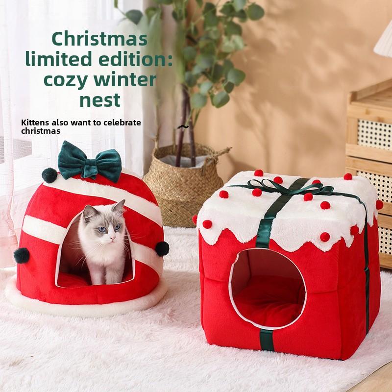 Christmas Cat Bed, Gift Box Shape, Warm and comfy