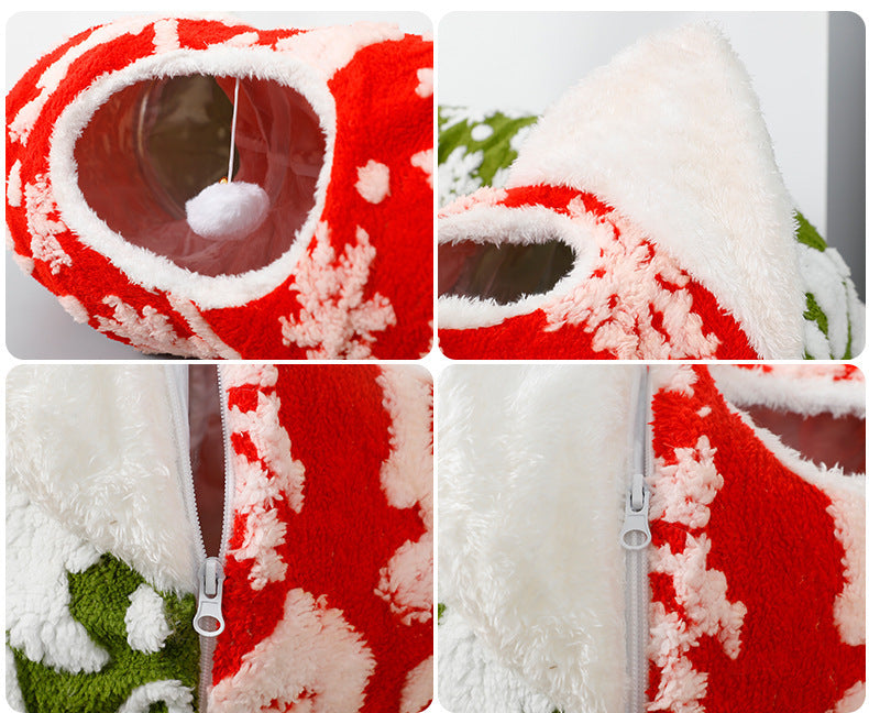 Christmas Cat Tunnel Cave Pet Bed