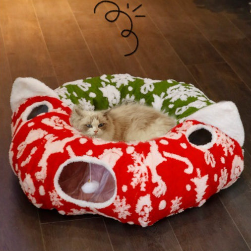 Christmas Cat Tunnel Cave Pet Bed