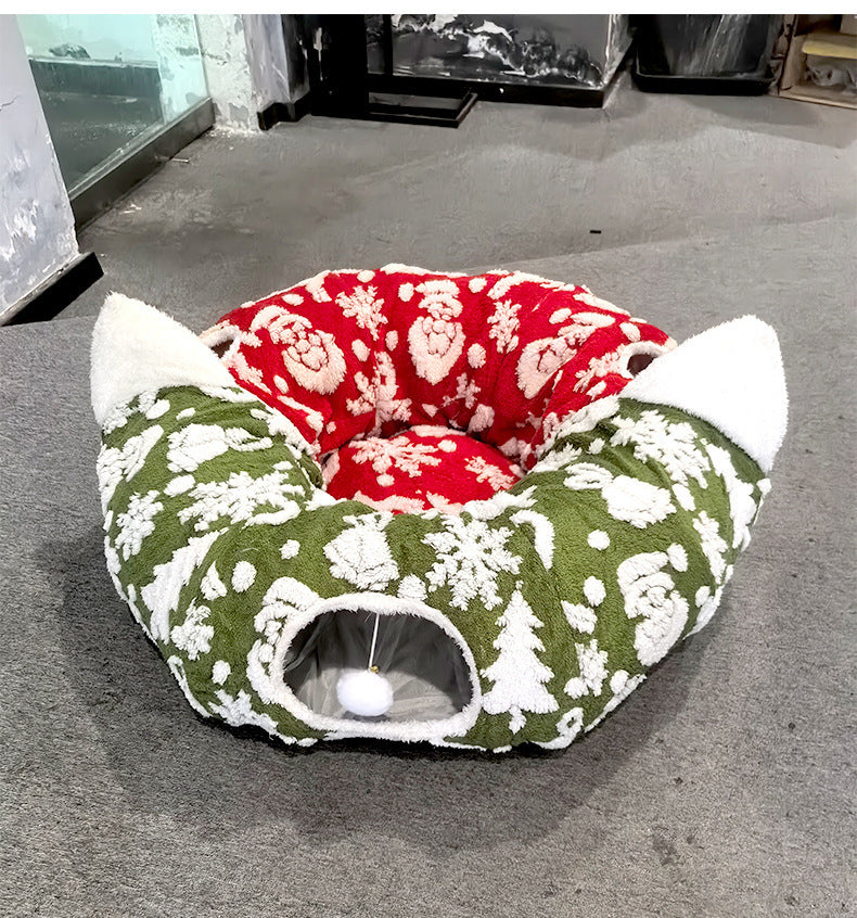 Christmas Cat Tunnel Cave Pet Bed