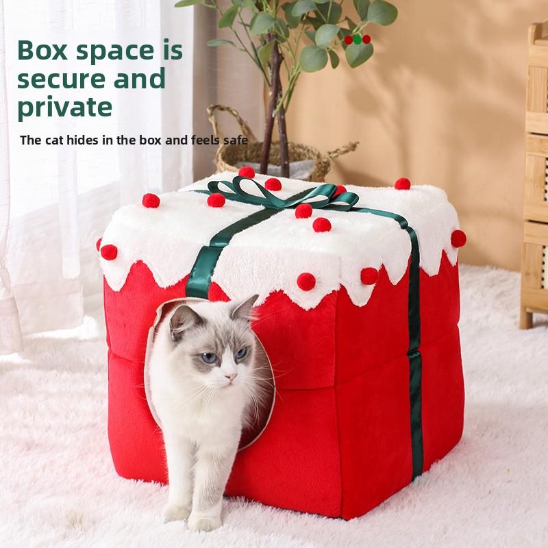 Christmas Cat Bed, Gift Box Shape, Warm and comfy