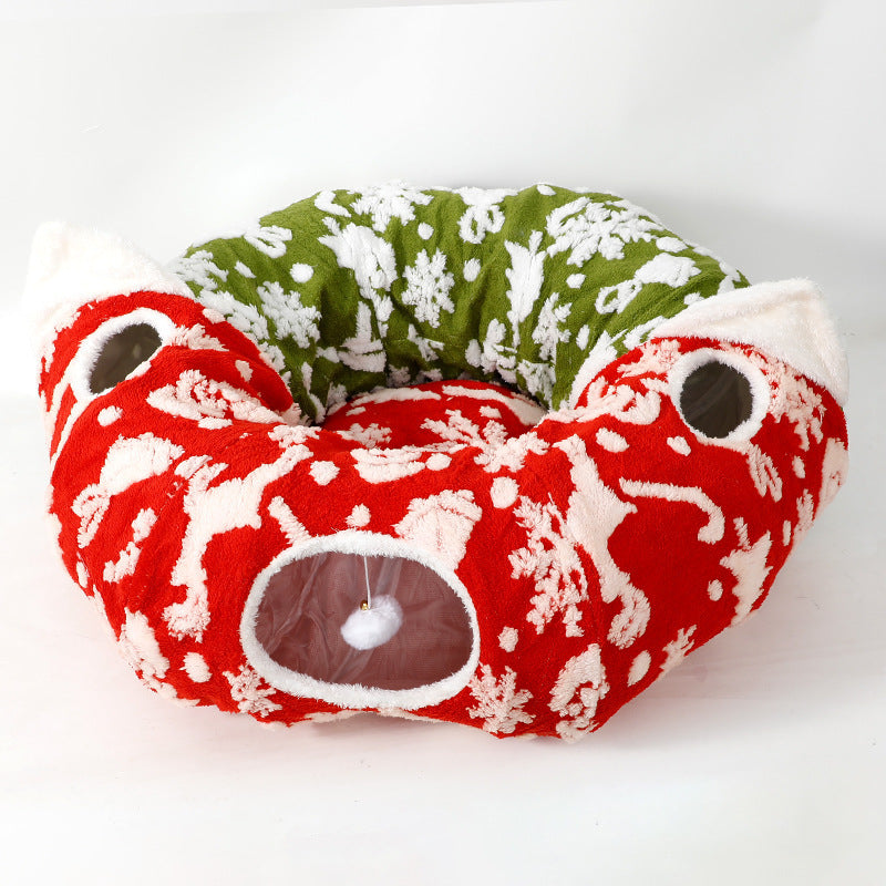 Christmas Cat Tunnel Cave Pet Bed