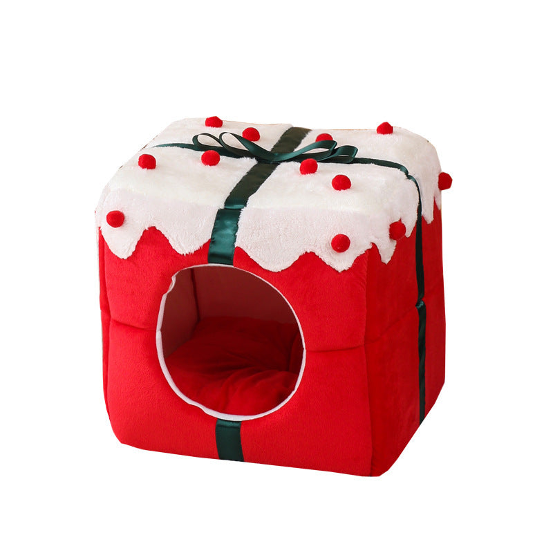 Christmas Cat Bed, Gift Box Shape, Warm and comfy